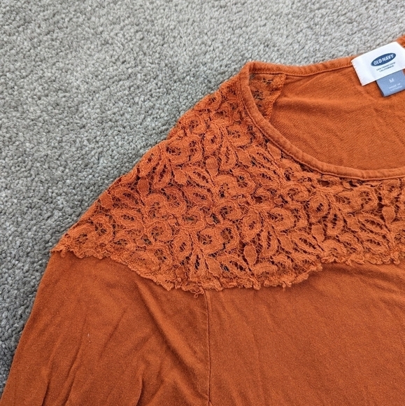 Old Navy long sleeve accent lace neck orange blouse size Medium - Picture 2 of 9